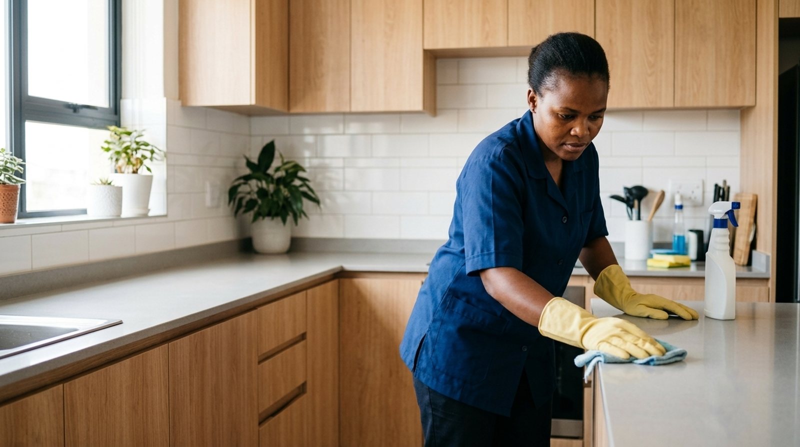 Cleaner scrubbing a kitchen countertop