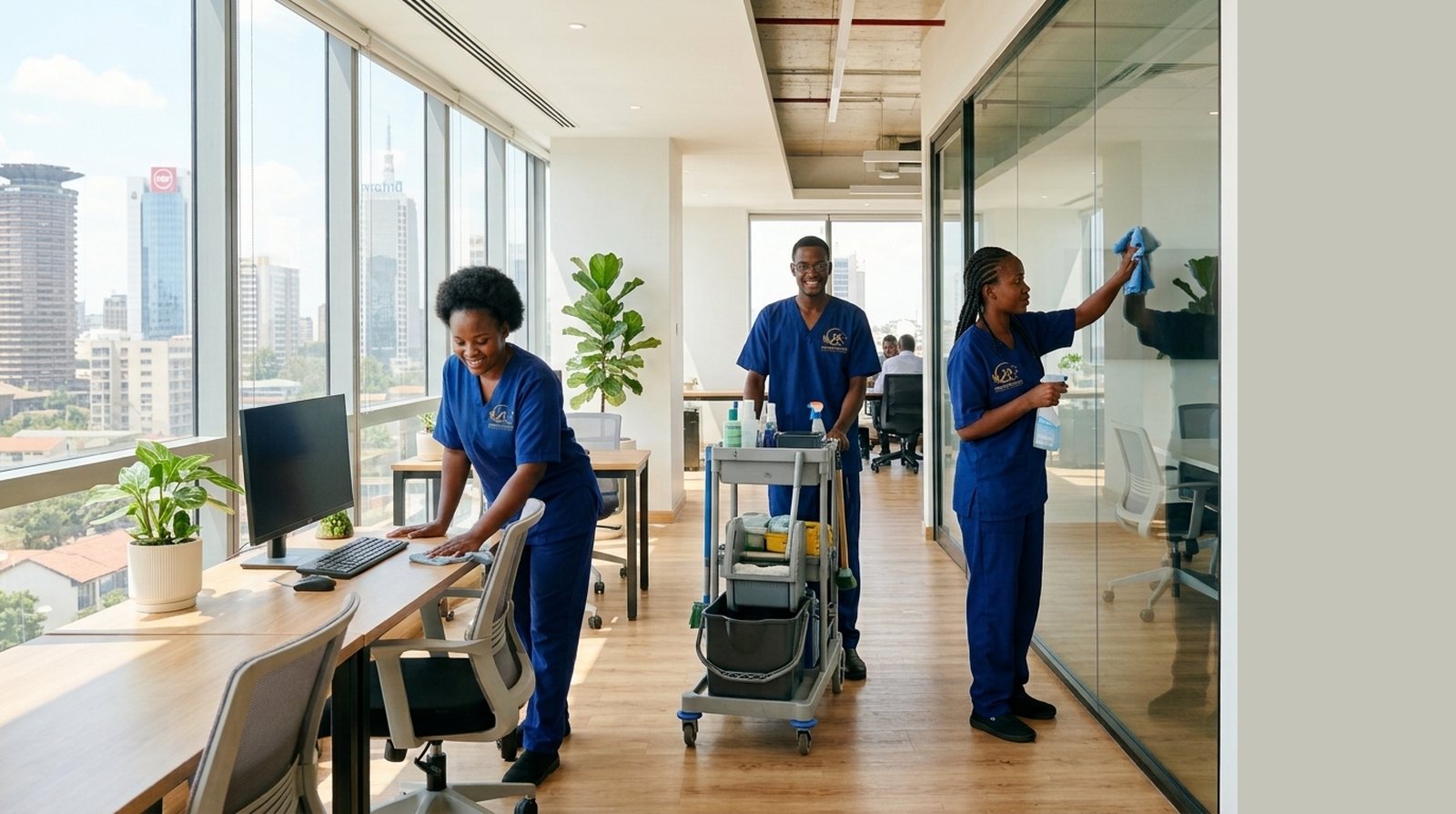 Brownwood cleaning team in a bright Nairobi office
