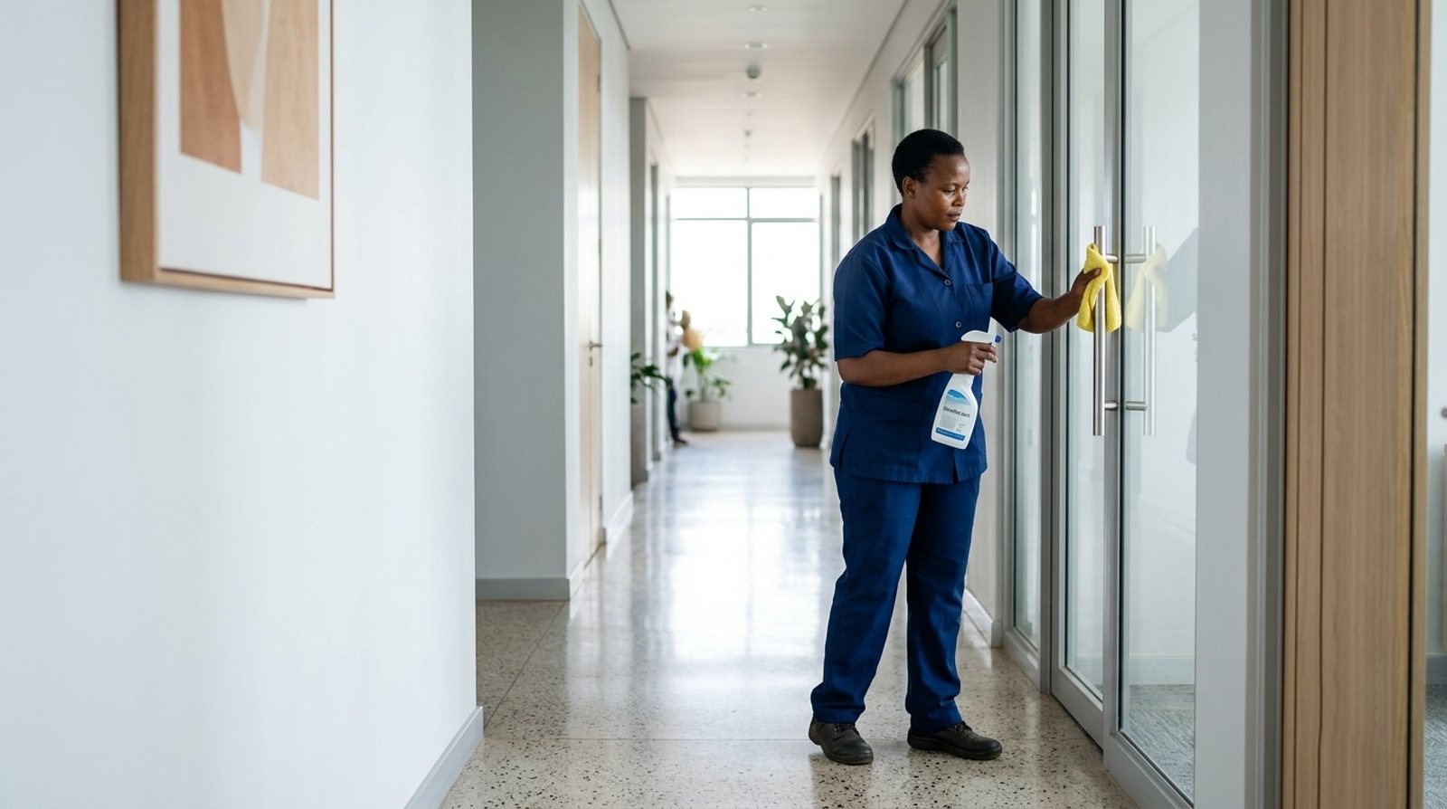 Brownwood cleaner sanitizing a door in an office hallway