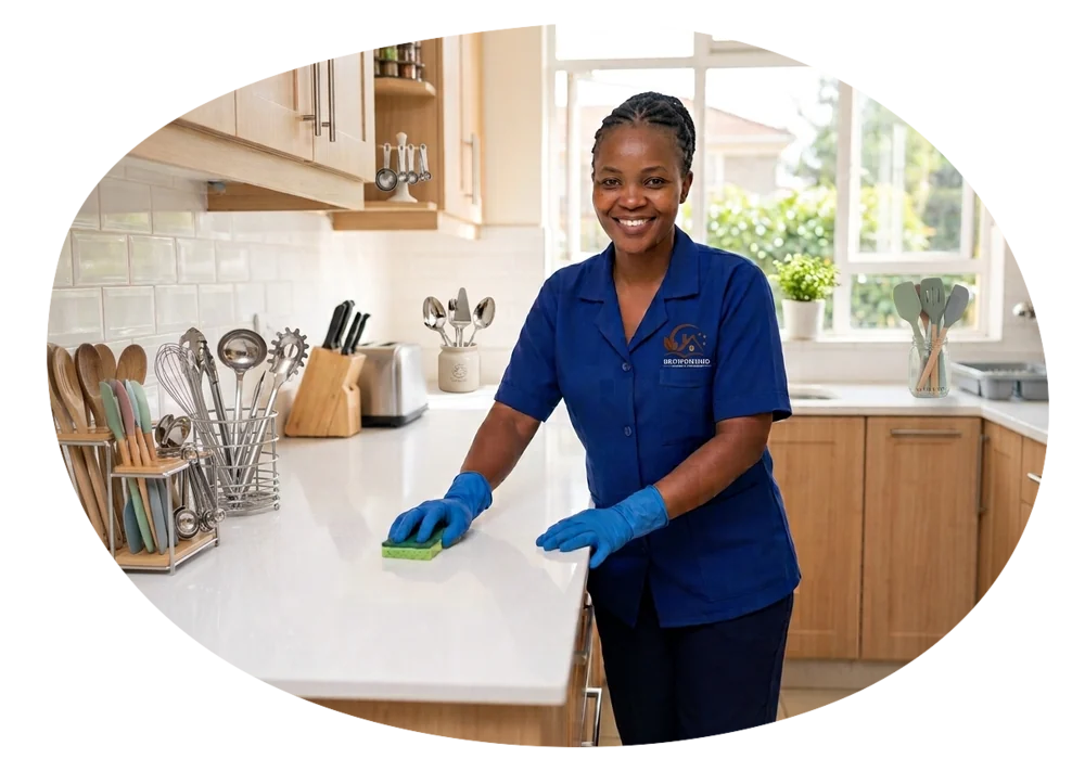 Brownwood cleaner scrubbing a kitchen countertop